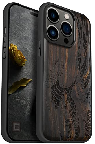 Carveit Case for iPhone 14 Pro Case Compatible MagSafe Protective Cover Wood Hybrid TPU Shockproof Bumper For Apple 14 Pro Magnetic Cases Design Wooden (The Great Wave Off Kanagawa-Blackwood)