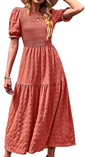BebreezChic Damen Sommerkleid Rundhals Kurzarm Puffärmel Gerüschter Gerafftes Freizeitkleid mit Hoher Taille Strandkleid Cocktailkleider, Orange Saumon L