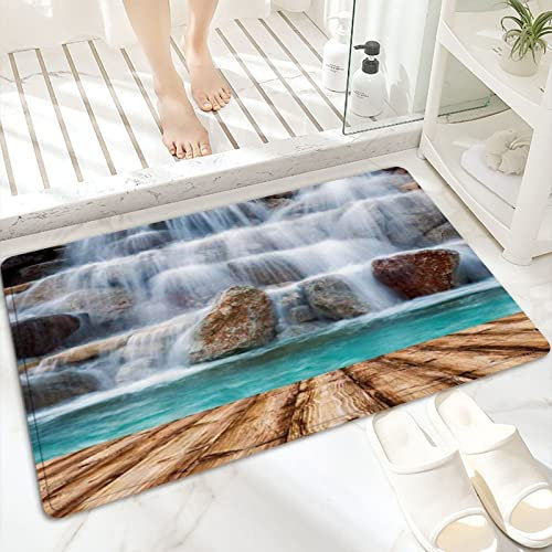 Tapis de Bain Antidérapant 60x100cm,Chûte d'Eau Lac Pierre Planche Bois Spa Zen ,Tapis de Sol Lavable en Machine avec Microfibre Douces Absorbant l'eau pour la Baignoire, la Douche et la Salle de Bain