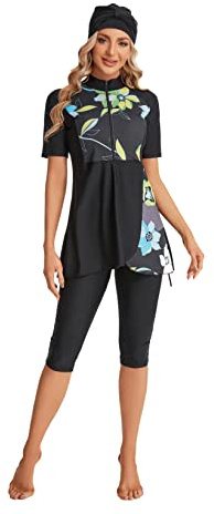 Modest Short Sleeve Swimsuits for Women 3-Piece Bathing Suits Floral Print Swimming Suits Plus Size Rash Guard