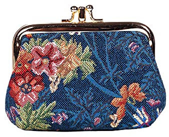 Signare Tapisserie Mignon Exquis Double Poche Kiss Lock Porte-Monnaie pour Femme avec Motif Floral (Prairie Fleurie Bleu)