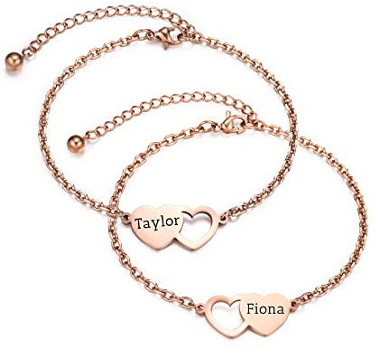 OTXIXTO Personalisierte 2/3/4 Stück Set von Edelstahl Herz Form Halskette/Armband Individuell Gravierte Namen Geschenk für Mutter Tochter Schwester Beste Freundin (2 Stück, Roségold Armband)