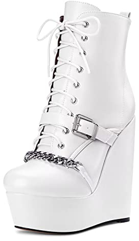HDEUOLM Donna Alto High Zeppa Piattaforma Tacco Heel Rotonda Punta Stivaletti Cerniera Feste Cute Stivali Bianco 35 EU
