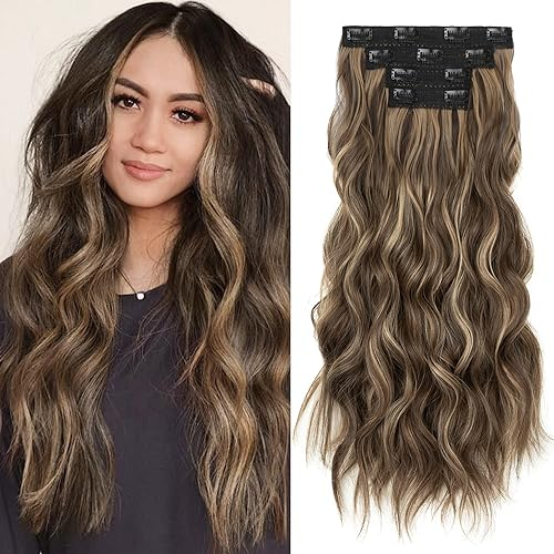 REECHO Clip in Extensions, 4PC Hair Extensions Clip in Haarverlängerungen 60 cm Dicke Lange Strandwellen Haarteile - Dunkles Schokoladenbraun mit blonden Strähnchen
