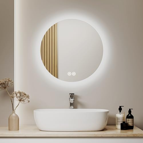 S'AFIELINA Badspiegel Rund 50cm Badezimmerspiegel mit Beleuchtung Dimmbar LED Badspiegel Rund mit Touch Schalter 3 Lichtfarbe Warmweiß Neutral Kaltweiß Lichtspiegel