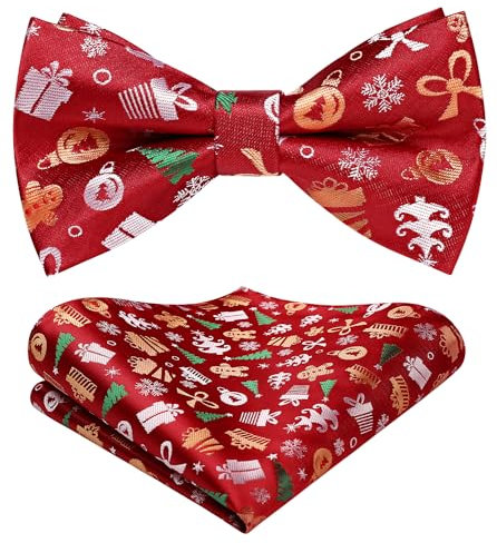 HISDERN Weihnachten Herren Fliege mit Einstecktuch Set Gebunden Verstellbar Geschenk fur Weihnachten Vorgebundene Fliege Rot