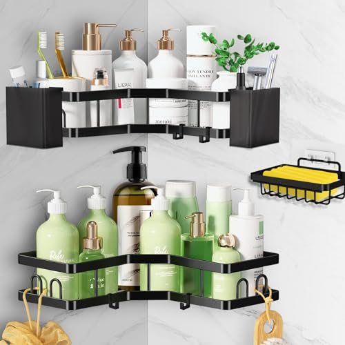 ZXK CO Eckregal Duschablage Ohne Bohren, 5 Stück Badezimmer Regal mit Haken, Rostfrei Badregal Ecke, Duschregal mit hoher Tragfähigkeit für Badezimmer und Küche Organisation (Schwarz)