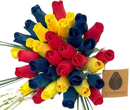 The Original Wooden Rose Rosenstrauß aus Holz, mit geschlossenen Knospen Happy Birthday, Rot, Blau und Gelb, 3 Dutzend
