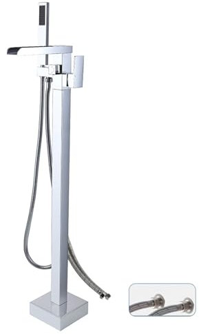 Mitigeur Cascade Baignoire Ilot Sur Pied, Robinet Salle de Bain Baignoire Monotrou Ouvert Avec Douchette À Main,chrome