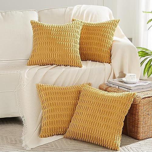 FDTERN 4er Set Boho Kissenbezug 35x35 cm Kurkuma Einfarbig Flauschig Kissenbezüge Kordsamt Kissenhülle Dekokissenbezug Sofakissen Dekokissen Herbst Deko für Sofa Schlafzimmer Wohnzimmer Balkon