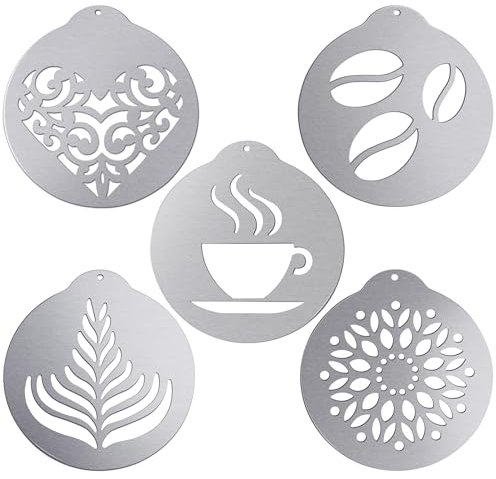 Newellsail Kaffeeschablonen aus Edelstahl Wiederverwendbare Metall Kaffee Dekoration Schablonen Latte Cappuccino Kunst Vorlagen Kuchen Dekorieren Werkzeug 5 Stück