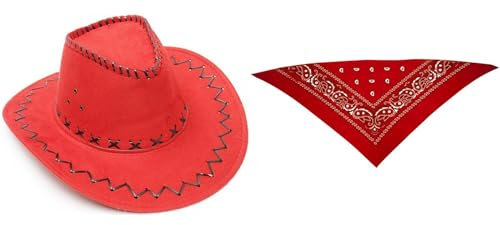 ZZ DISFRAZZES Kit Sombrero y pañuelo vaquero Gorros para carnaval, carnaval, Halloween, fiestas temáticas y más en diferentes diseños (Niñ@, Rojo)