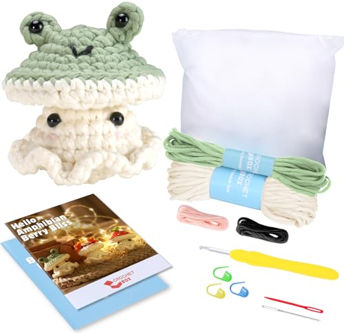 Winsing Häkelset für Anfänger, Pilz, Strickset für Erwachsene und Kinder, mit einfacher Anleitung, Schritt-für-Schritt-Video-Tutorials und Garne, Haken, Vorstarter, Zubehör, Grün