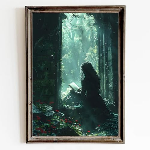 Dark Academia Wandkunst Frau liest Buchmalerei, Vintage, viktorianische Wandkunst, dunkles Bild, Vintage-Porträt, Poster, Drucke, stimmungsvolle Gothic-Kunst, Vintage-Leinwanddrucke für Wohnzimmer,