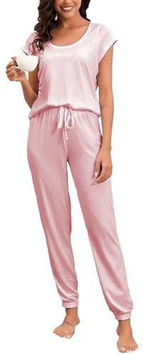 Famulily Ladies Cotton Pyjama Set Oversized Cap Sleeve T-Shirt & Bottom Pants Two Piece Solid Jogging Sets Pink XL