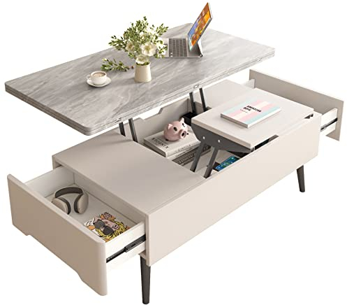 DOFFO Table Basse Extensible avec Plateau relevable avec Rangement, Table Basse Multifonction 3 en 1 avec Compartiment caché, Table de Salle à Manger rectangulaire Moderne pour Le Salon