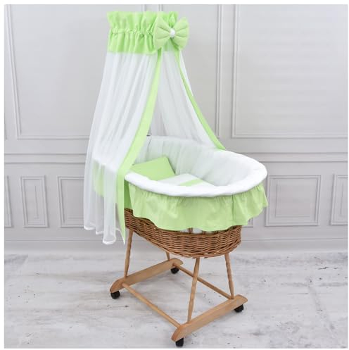 Baby Delux Baby Stubenwagen Komplett Set Babybett Matratze mit Rollen Bettwäsche Set Ausstattung (grün weiß)