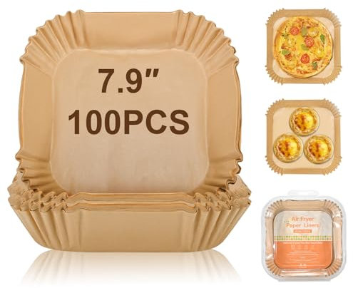 FIOUSY Air Fryer Liners, 7.9 in 100 PCS Square Disposable Paper Liners, Oil-Proof, Water-Proof, Parchment Baking Paper for 5L-6L Air Fryer, Compatible with COSORI, Ninja, Salter, Tower Air Fryer