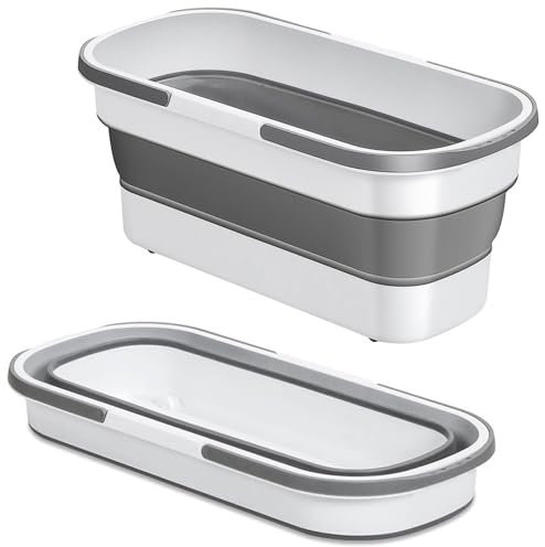 Large Collapsible Plastic Bucket with Wheels, 17L (4.5 Gallons) Cleaning Mop Buckets for House Cleaning, Camping, Multi-Purpose Rectangular Handy Basket, Grey