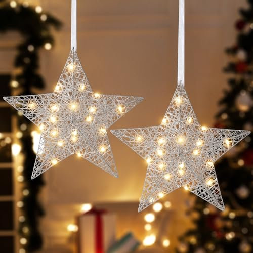 Lewondr Hängelampe für Weihnachten 2 Stück, 20 cm LED Beleuchteter Pentagramm Dekorative Hängende Ornament, Batteriebetriebenes Eisen Draht LED-Dekor Licht für Weihnachten Urlaub Zimmer Home, Silber