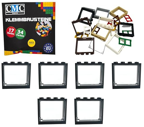 CMC imports Klemmbausteine 6 Fenster + Fensterrahmen 1x4x3 Noppen City Gebäude Stadt 60594 (Schwarz - Transparent)