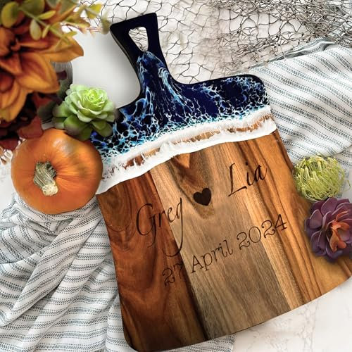 Custom Ocean Resin Cheese Board, Engraved Wood Charcuterie Boards - Personalized Gifts of Cheese Boards, Handmade Personalized Gifts, Wedding Gift, Couple Gift,Christmas Gift & Anniversary Gift