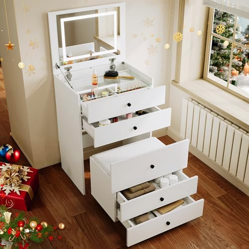 ELEGANT Vanity Makeup Table with Flip-top Mirror and LED Lights, Multi-purpose Dressing Table Set for Bedroom Furniture, White Cushioned Storage Stool included