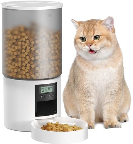 Distributeur Croquettes Chat Automatique: 6L Distributeur Croquettes Chat avec Minuterie Programmable - 1-6 Repas par Jour - avec Appuyez sur Le Couvercle et Fonction D'Enregistrement 10s Blanc