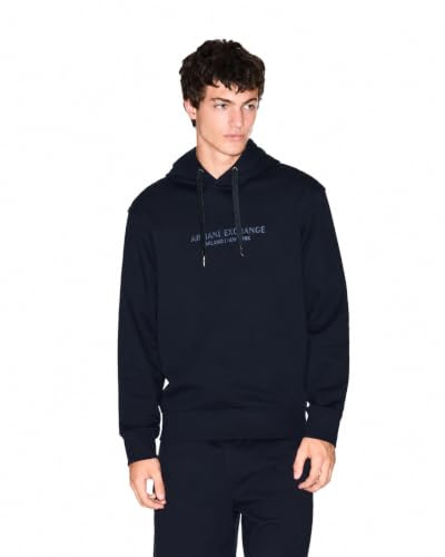Armani Exchange Men's Long Sleeve Drawstring, Front Tone on Tone Logo Hooded Sweatshirt, Blue, XL