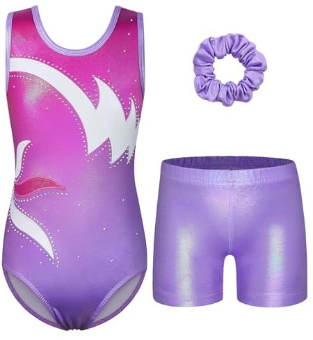 ZNYUNE Turnanzug mädchen Shorts Bunte Funkeln Gymnastik Trikots Farbverlauf Gymnastikanzug für Mädchen Strass B387 PinkPurple 12A