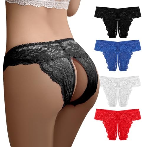 GKLWEJ 4 Stück Erotische Damen-Höschen im Schritt Offen - Spitze String Tanga, Slip Ouvert, Desusse für Frauen, Reizwäsche Für Sex (4 Farben)