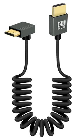 RIIEYOCA 8K Mini HDMI zu HMDI Kurzes Spiralkabel, 90 Grad 48Gbps High Speed HDMI2,1 Unterstützung HDR, 8K@60Hz, 4K@120Hz, Kompatibel mit Camcordern, Monitoren (Nach oben)