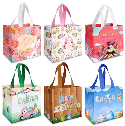 Mexgcom 6 Stück Ostereiersuche-Taschen, 6 Designs Geschenktüten Ostern mit Griffen, Oster Tragetasche, Verwendet für Verpacken von Geschenken, Partyzubehör, Eiersuche