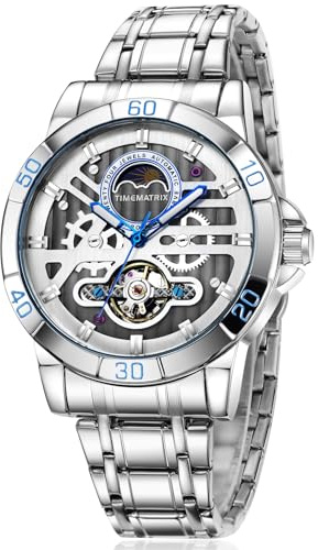 TIMEMATRIX Herrenuhr mit 316L Edelstahlgehäuse – Automatikwerk mit Leuchtfunktion und Mondphasenanzeige (Modell: TMX508)