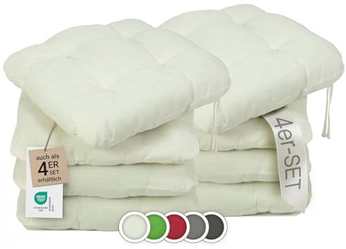 ZOLLNER 8er Set Sitzkissen in 38x38cm - gemütliche Stuhlkissen mit Bindebänder - waschbar bis 30°C - in Creme - Oeko Tex® Zertifiziert