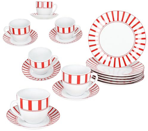 MamboCat Split rot 18tlg Kaffeeservice I weißes Porzellan-Geschirr mit Streifen für 6 Personen I Je 6X Tassen 200ml, Untertassen & Teller für Frühstück & Kaffee