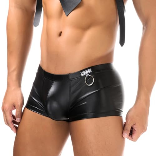 PU Leder Boxershorts Herren Wetlook Slips Erotische Reizwäsche Sexy Boxer | Mit Metallring Gay Sissy Bulge Pouch Design Unterwäsche Premium Retroshorts Lack-Optik Große Größen Schwarz Clubwear
