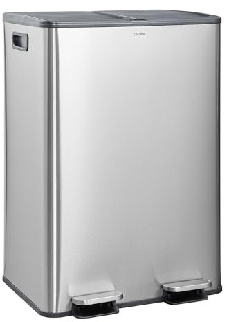 CASABEL Poubelle Cuisine Tri Sélectif 60L - 2 x 30 Litres, Double Compartiments 2x30L, Acier INOX Brossé, Poubelle Recyclage Rectangulaire à Pédales, Anti Traces, Anti Odeurs, Entreprise Française