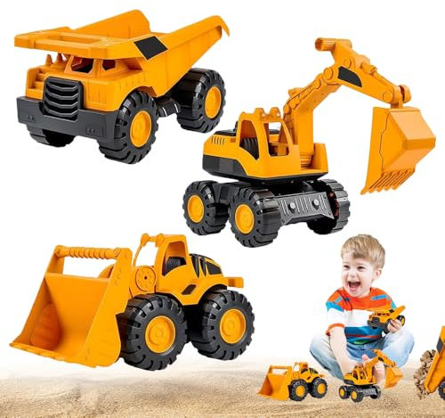 KUWUNG 3 Stück Sandspielzeug Bagger Sandkasten, Kipplaster Sandkasten Bagger Spielzeug,Trägheitsantrieb 360° Beweglich Sandkasten Spielzeug für 2-6 Jahr Kinder Mädchen Junge Geschenk