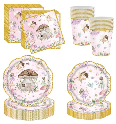 Falafoty Fairy Paper Plate Set, Elf Theme Tableware Party Supplies,Flower Elf Paper Plate, Cup,Napkin, Party Dinnerware Suit for Kids Girls Birthday Baby Shower Decor (Flower)