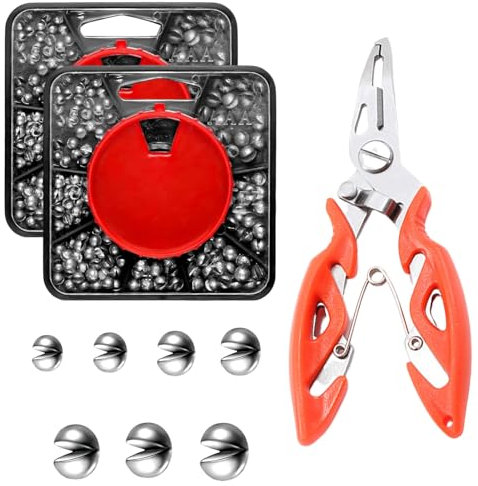 Satiskid 358PCS Split Shot Fishing Weights Set with Pliers, 7-Size Soft Metal Sinkers with Tackle Box for Carp & Coarse Angling, Durable All-Environment Fishing Weights (2-Pack)
