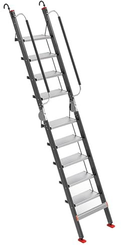 SRNSAEB Scaletto Scala a Castello in Alluminio Pieghevole da 8 a 14 gradini, Scala di Emergenza per impieghi gravosi per Il Secondo Piano, con Pedali Larghi Antiscivolo e corrimano(Black,9 Step-9')