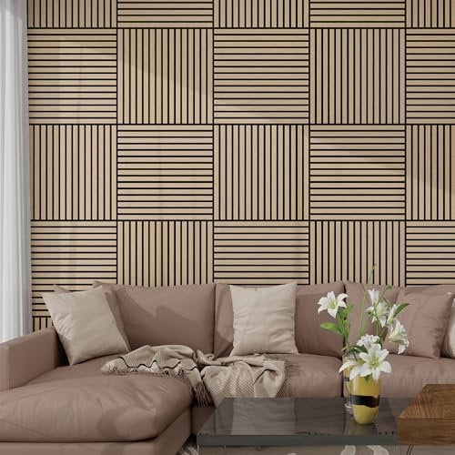NEU.HOLZ Lot de 12 Panneaux Acoustiques Muraux et pour Plafond à Lamelles Droites Isolation Sonore Style Scandinave Installation Facile Chambre Studio MDF 4,32 m² 60 x 60 cm Effet Noyer Clair