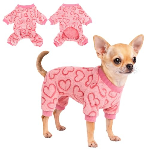 Yoolhamy Dog Pajamas for Small Dogs Cats Fleece Jumper Heart Onesie Clothes Soft Pink Pyjamas Rompers Four-Legs Sleepwear Ffor Puppy Chihuahua Yorkie (XS)