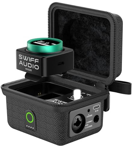 SWIFF AUDIO Sistema inalámbrico de monitor intraural, estéreo conmutable IEM inalámbrico de 5.8 GHz con receptor de pantalla LED y transmisor de estuche de carga, micrófono CUE integrado, diseño de 4
