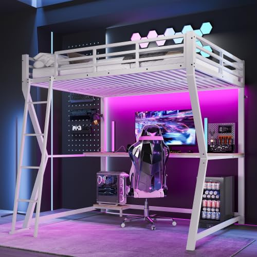 Huayz Letto a castello in metallo 140x200, letto a soppalco per bambini con luce LED, stazione di ricarica USB, scrivania e scaffale per console, letto singolo con protezione anti-caduta e scala