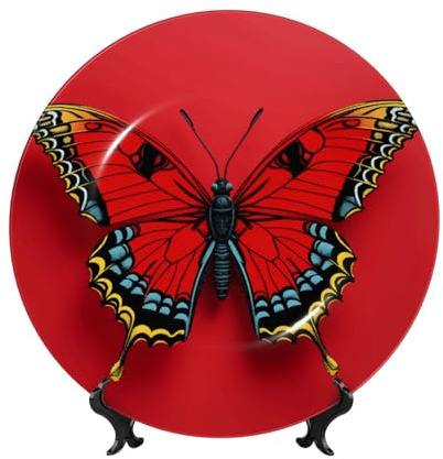 MXPELGHMAD Bone China Decorative Plates 10in Ceramic Dinner Plates with Display Stand Butterfly Plate Ceramic Ornaments Art Crafts Round Display Porcelain Plate for Home Office Wall Decor