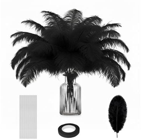 Povxlum 20 PCS Ostrich Feathers Bulk 13-15 inch Making Kit Large Ostrich Feathers Long for Tall Vase with 20 Pcs Iron Wire and 1 Tape for Vase Flower Arrangement Wedding Party Centerpieces(Black)