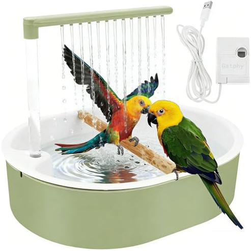Gatphy Bain d'oiseaux 32 x 26 cm pour perruches en polypropylène Vert Style frais Circulation automatique de l'eau de pluie Douche d'oiseaux avec 26 sorties d'eau pour