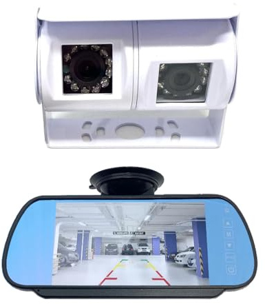 Dolphin Automotive Motorhome Van Dual Twin 12v Commercial Reversing Reverse Rear View Parking Camera With 7 Suction Mount Mirror Monitor
